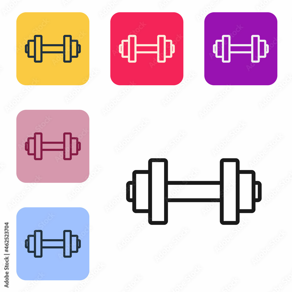 白色背景上孤立的黑线哑铃图标。举重、健身杠铃、运动装备