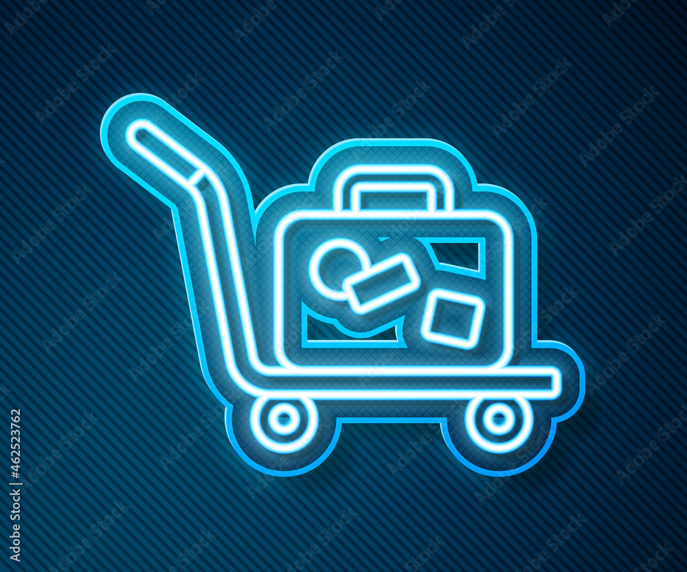 Glowing neon line Trolley suitcase icon isolated on blue background. Traveling baggage sign. Travel 