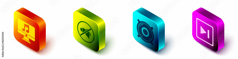 Set Isometric Computer with music note, Speaker mute, Stereo speaker and Fast forward icon. Vector