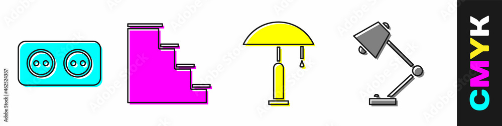 设置电源插座、楼梯、台灯和台灯图标。矢量