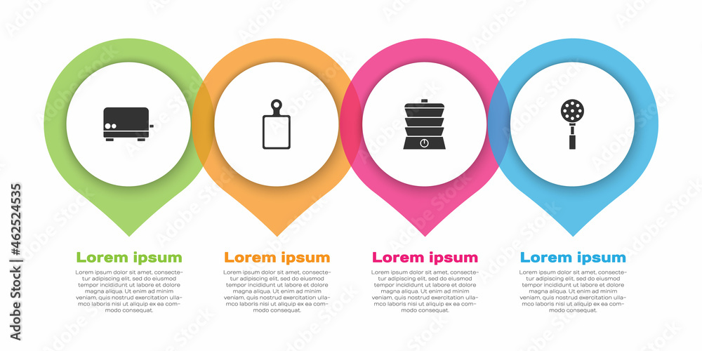设置烤面包机、砧板、慢炖锅和抹刀。商业信息图模板。矢量