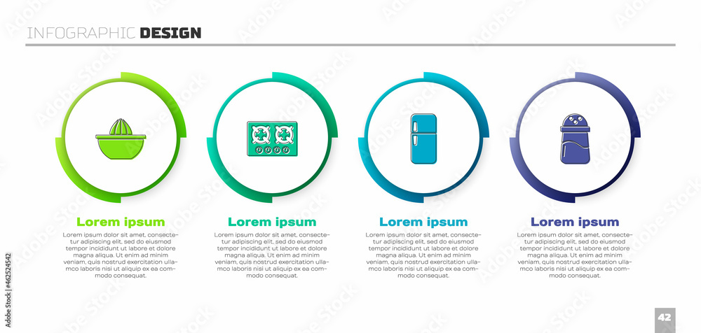 设置柑橘榨汁机、燃气炉、冰箱和盐。商业信息图模板。矢量