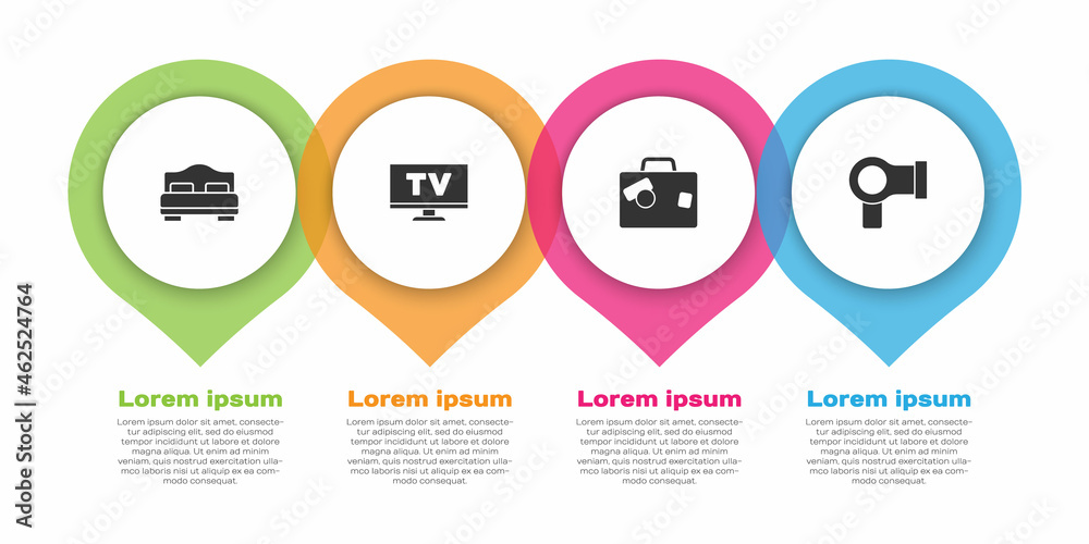 设置酒店客房床、智能电视、手提箱和吹风机。商业信息图模板。矢量