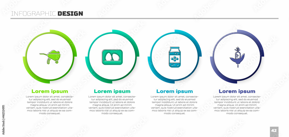 用泥土、鸡蛋、蜂蜜罐和玉米放置手推车。商业信息图模板。矢量
