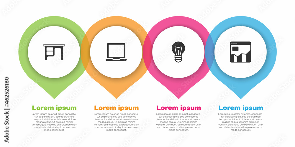 Set Office desk, Laptop, Light bulb and Graph chart infographic. Business infographic template. Vect