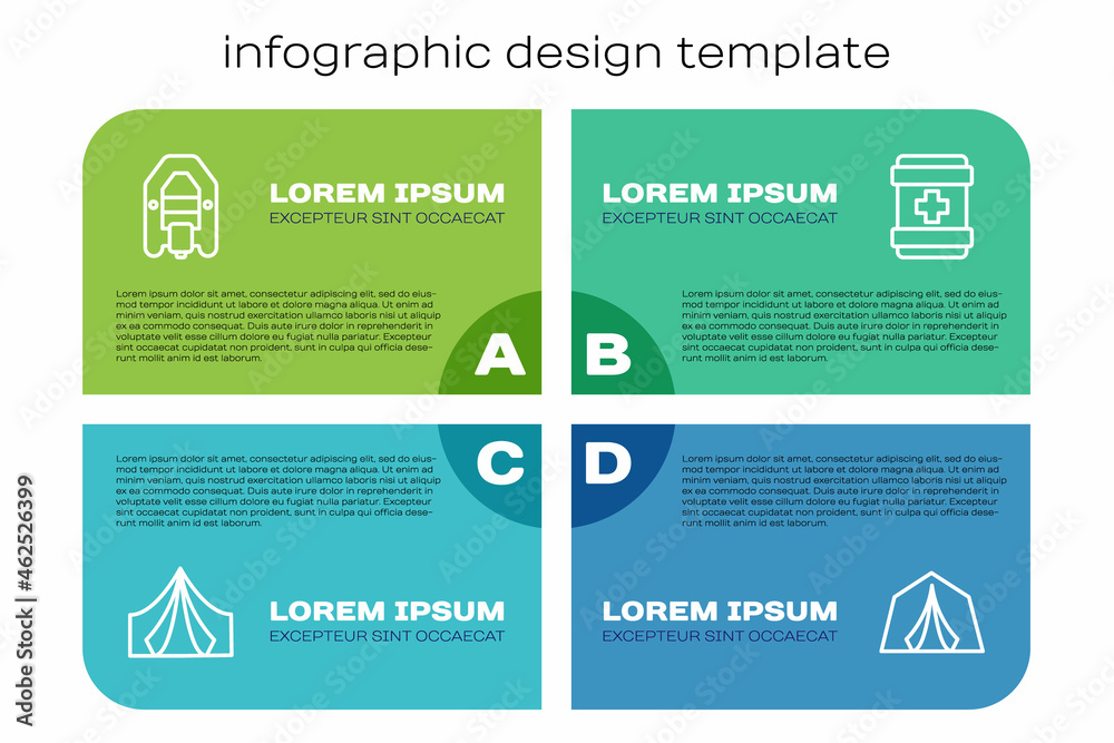 设置旅游帐篷、漂流船和急救包。商业信息图表模板。矢量