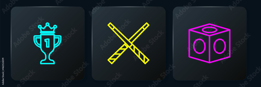 Set line Award cup, Billiard chalk and Crossed billiard cues. Black square button. Vector