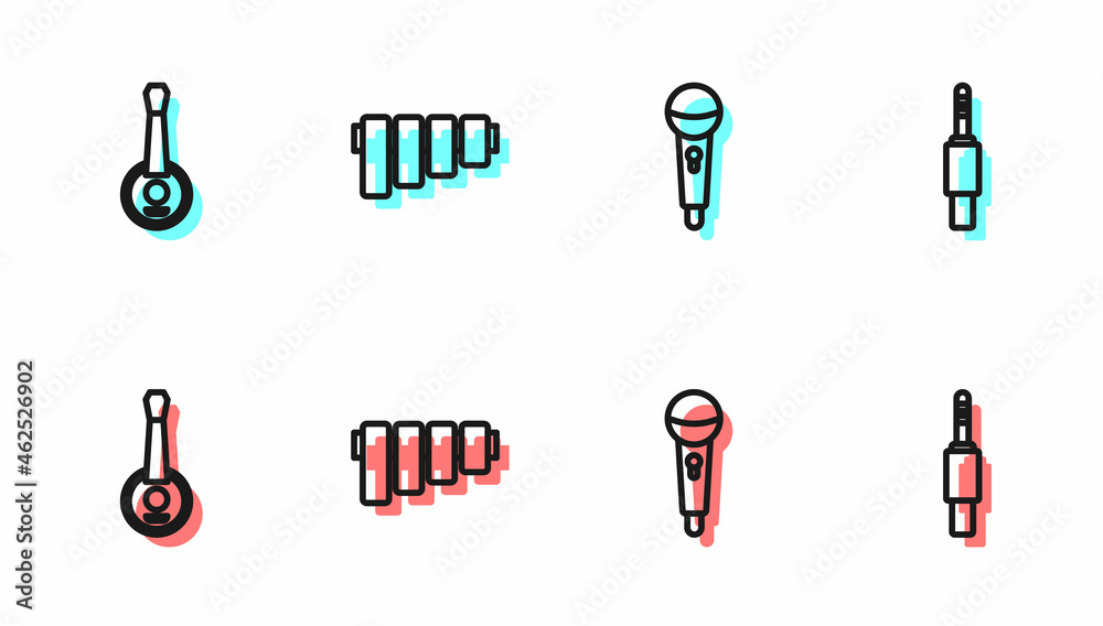 Set line Microphone, Banjo, Pan flute and Audio jack icon. Vector