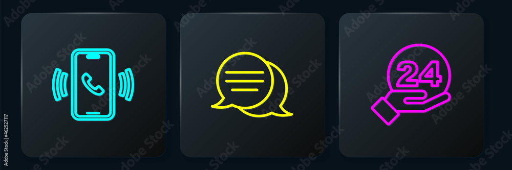 Set line Telephone 24 hours support, and Speech bubble chat. Black square button. Vector