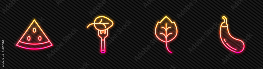 Set line Leaf or leaves, Watermelon, Vegan food diet and Eggplant. Glowing neon icon. Vector