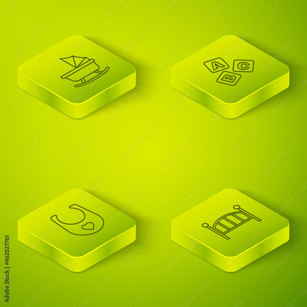 Set Isometric line ABC blocks, Baby bib, crib cradle bed and stroller icon. Vector