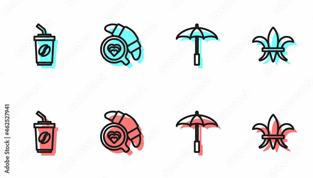 Set line Umbrella for beach, Coffee cup to go, with croissant and Fleur De Lys icon. Vector