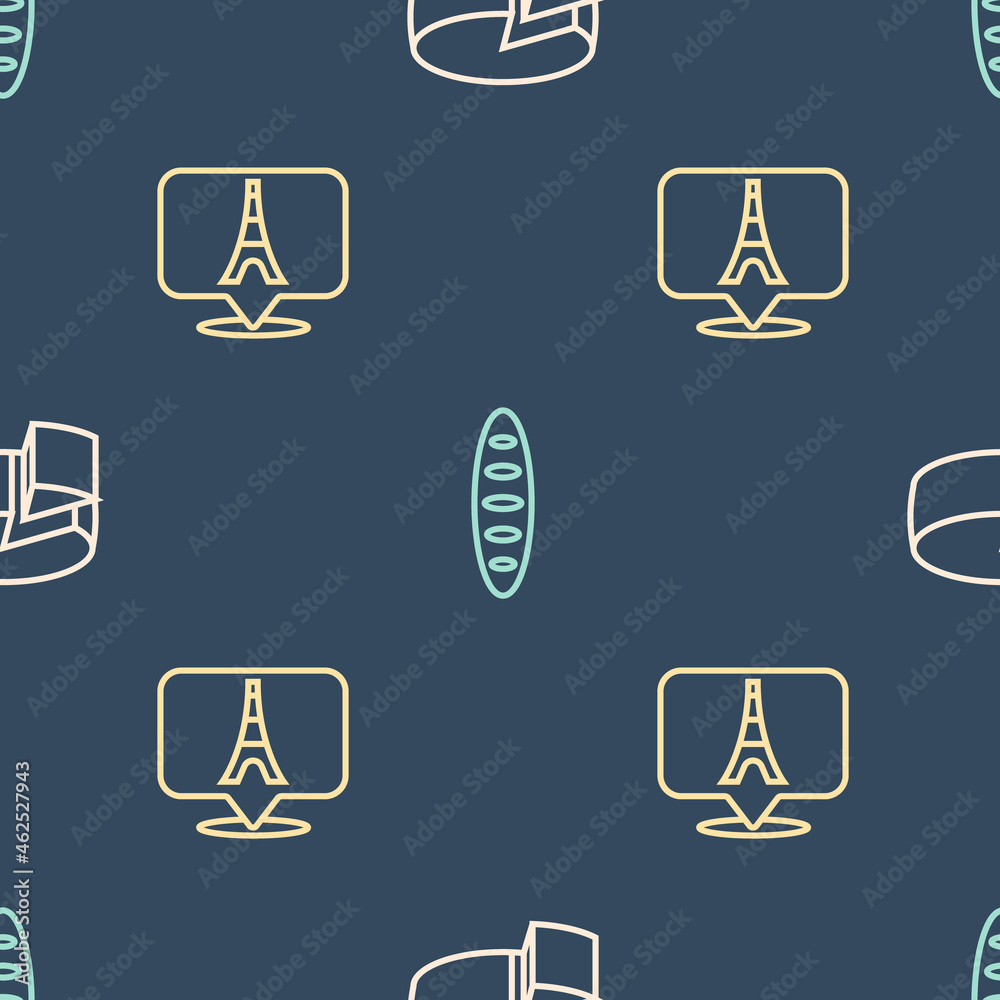 Set line Cheese, Eiffel tower and French baguette bread on seamless pattern. Vector