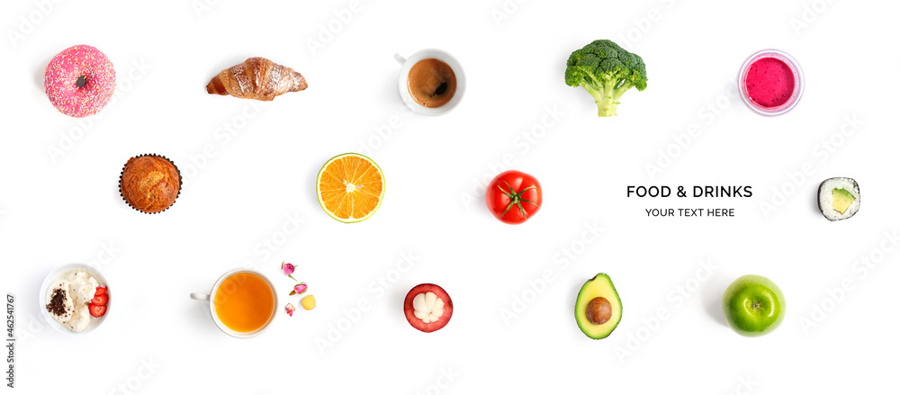 Creative layout made of donut, coffee, orange muffin, sushi, broccoli, ice cream, avocado, tomato, o