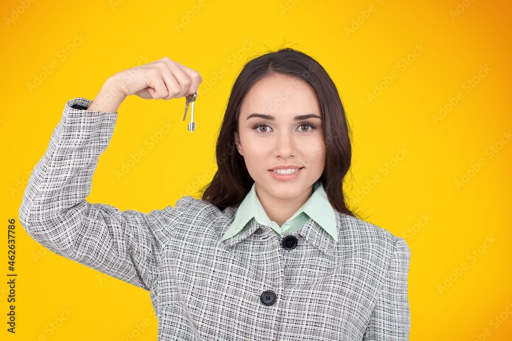 Young smiling happy satisfied excited successful human giving car keys