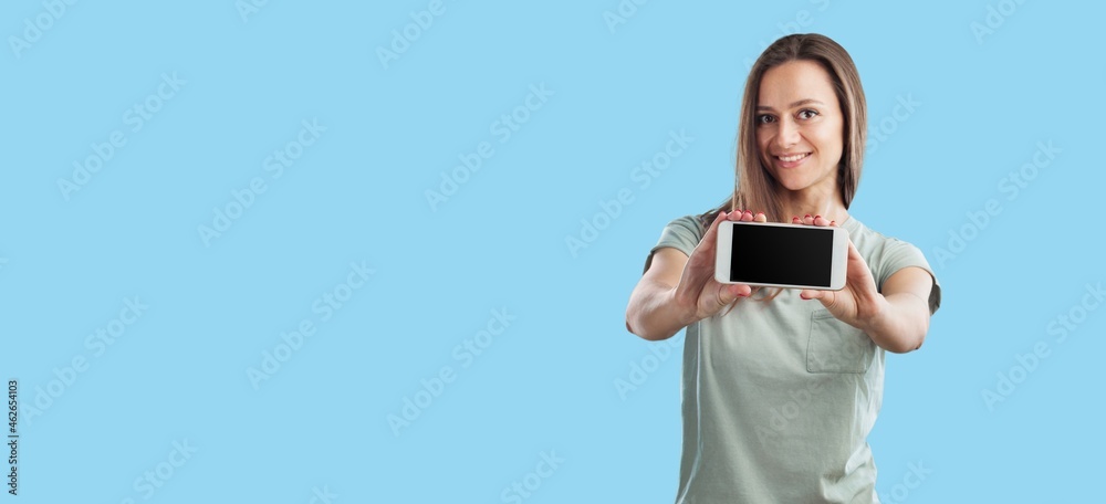 Entrepreneur woman showing blank screen smartphone on the background.