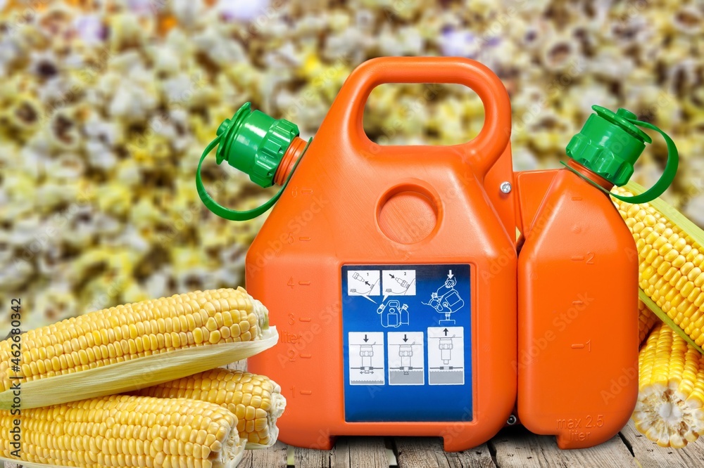 Ethanol gasoline fuel nozzle and corn kernels. Biofuel, agriculture and price concept