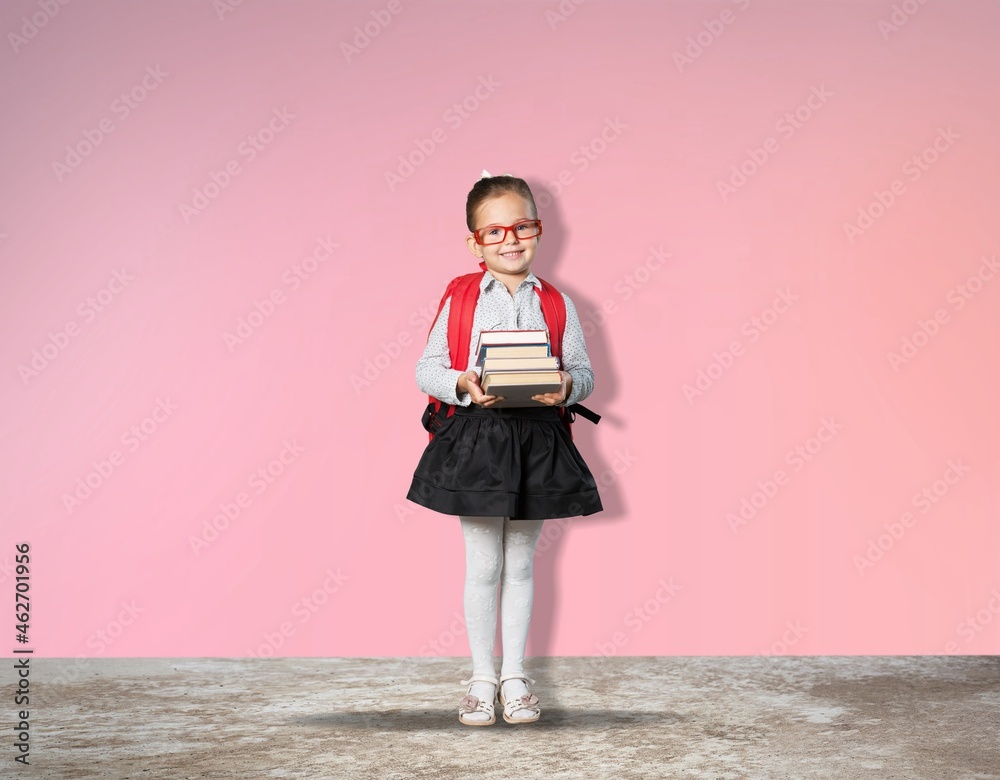 happy positive girl wear uniform, back to school