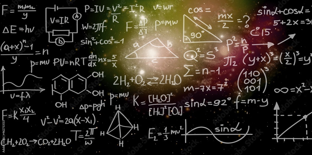 宇宙中星系背景下的数学和物理公式。空间背景，