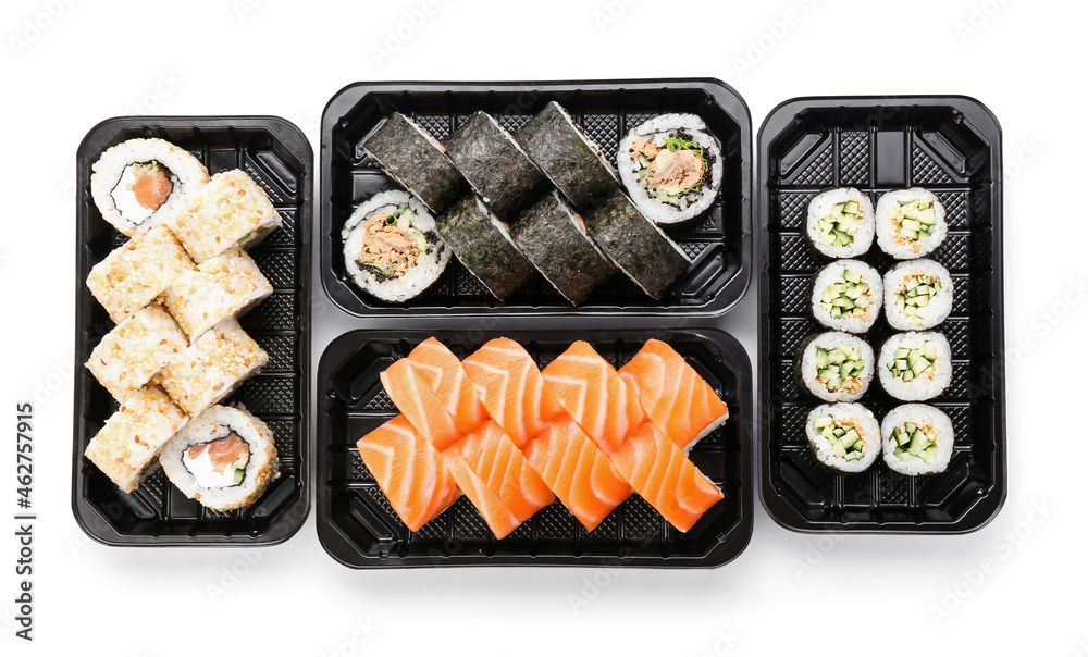 Composition with delicious sushi rolls on white background