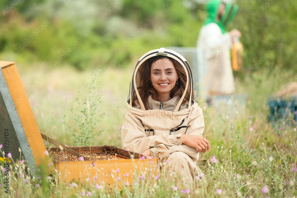 Female beekeeper working at apiary