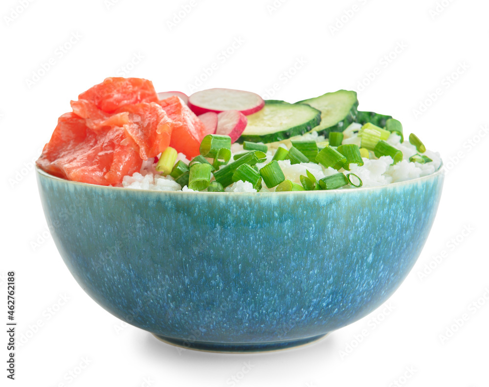 Tasty poke bowl with salmon and vegetables on white background