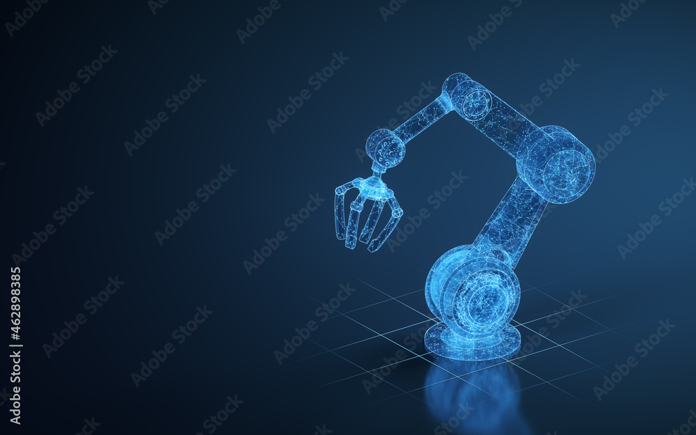 Robotic arm with blue background, 3d rendering.