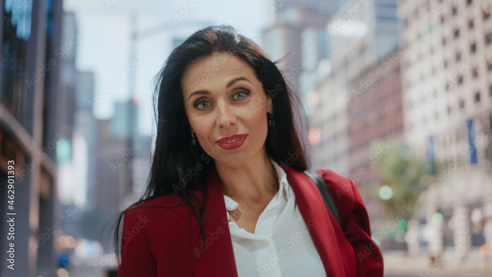 Portrait of Beautiful Happy Adult Businesswoman Smiling and Posing on Big Street. Successful Female 