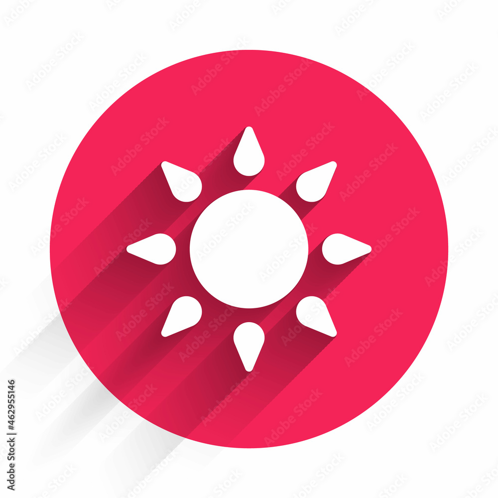 White Sun icon isolated with long shadow. Red circle button. Vector