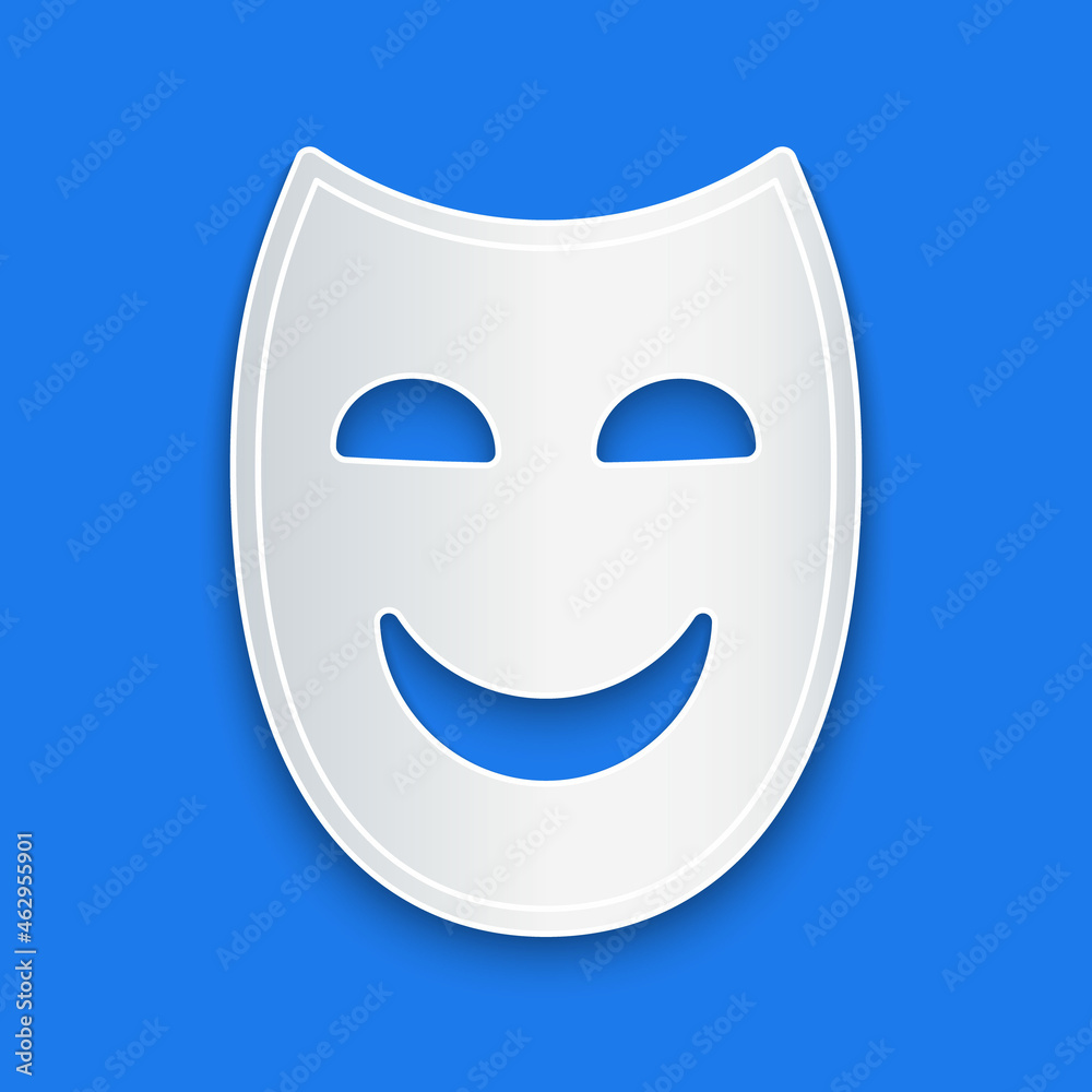 Paper cut Comedy theatrical mask icon isolated on blue background. Paper art style. Vector