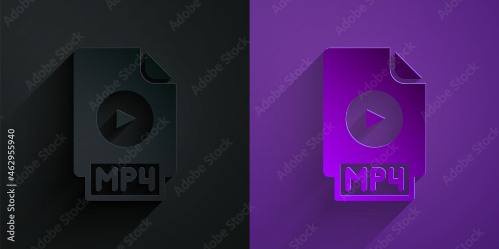 Paper cut MP4 file document. Download mp4 button icon isolated on black on purple background. MP4 fi