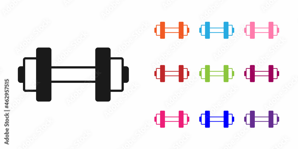 Black Dumbbell icon isolated on white background. Muscle lifting, fitness barbell, sports equipment.