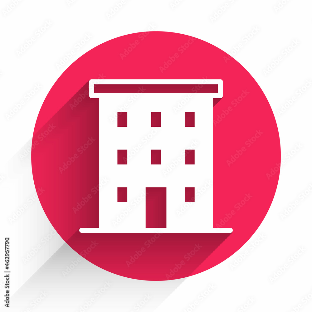 White Multi storey building icon isolated with long shadow background. Red circle button. Vector