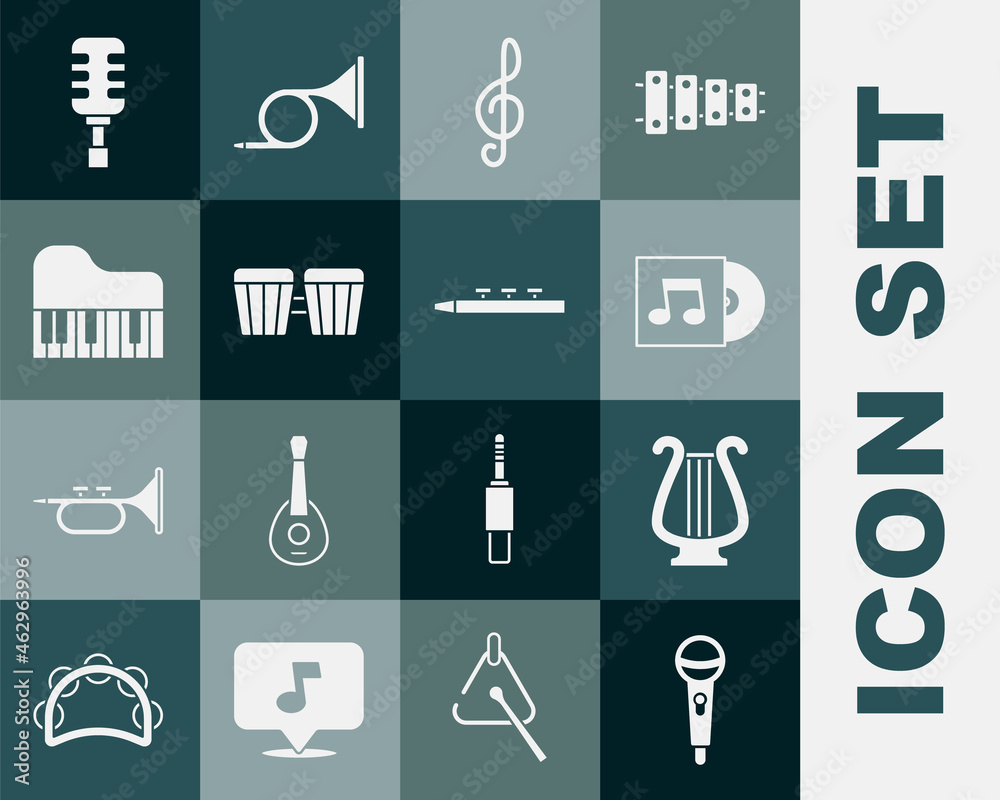 Set Microphone, Ancient lyre, Vinyl disk, Treble clef, Drum, Grand piano, and drum sticks icon. Vect