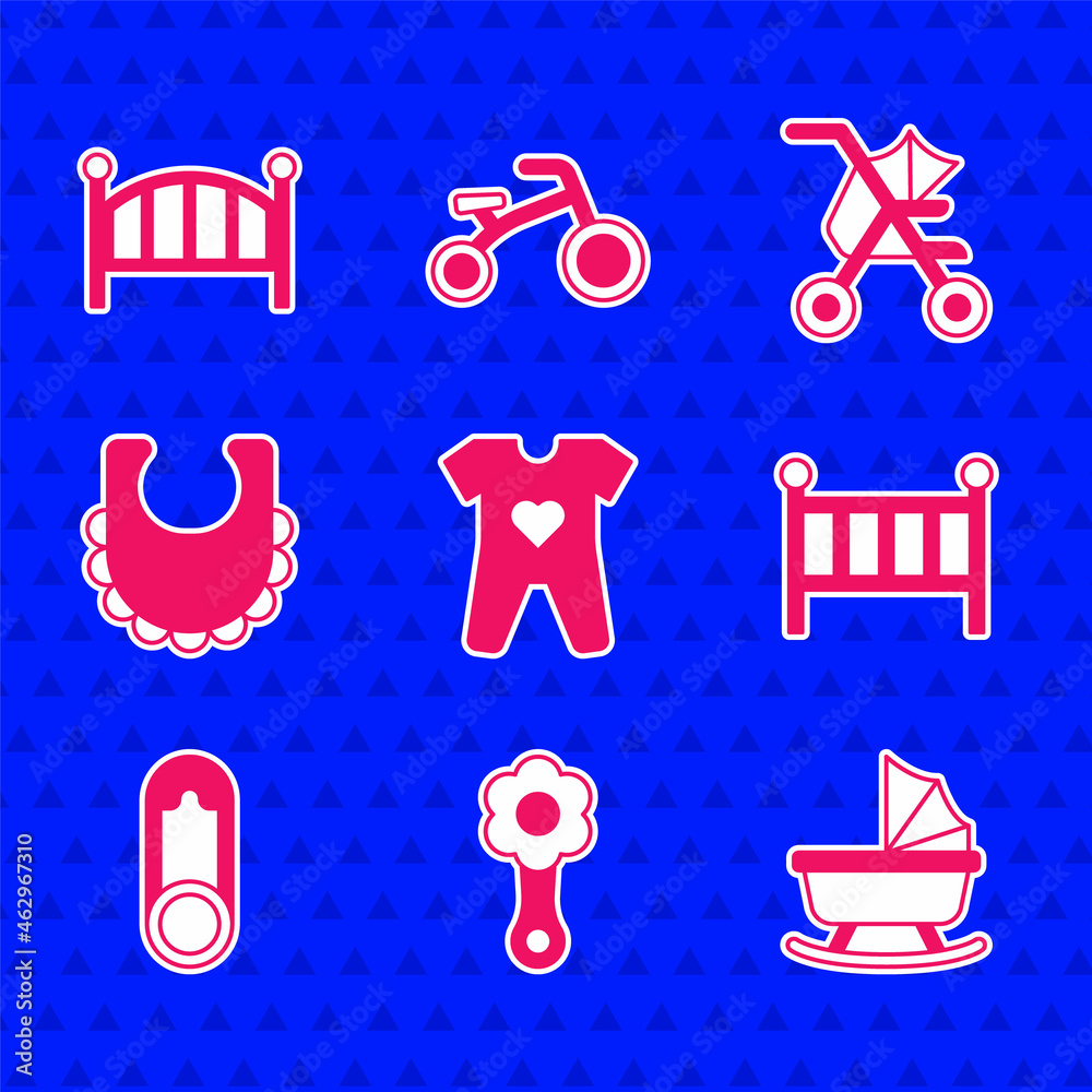 Set Baby clothes, Rattle baby toy, stroller, crib cradle bed, pin, bib, and icon. Vector