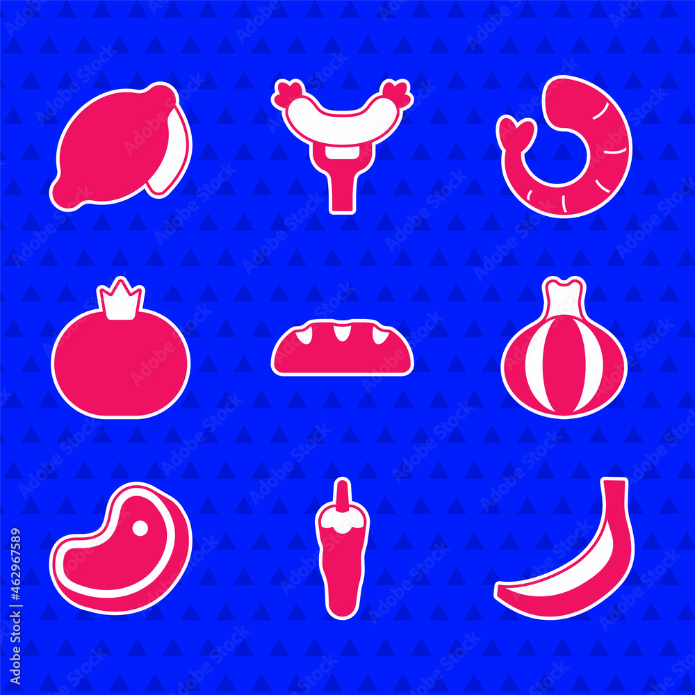 Set Bread loaf, Hot chili pepper, Banana, Onion, Steak meat, Tomato, Shrimp and Lemon icon. Vector