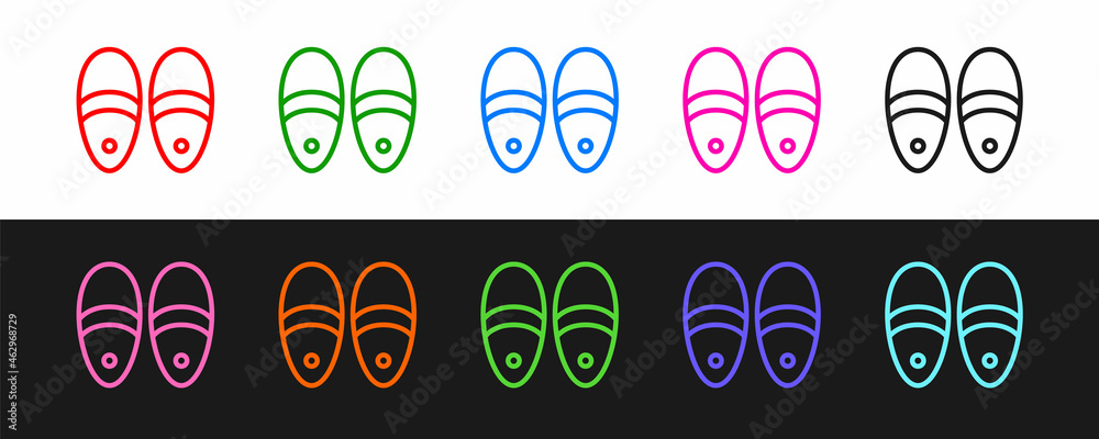 Set line Slippers icon isolated on black and white background. Flip flops sign. Vector