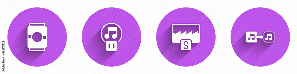 设置啤酒罐，暂停按钮，音乐均衡器和音符，带长阴影的音调图标。矢量