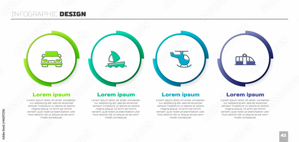 设置汽车、游艇、帆船、直升机、有轨电车和铁路。商业信息图模板。矢量