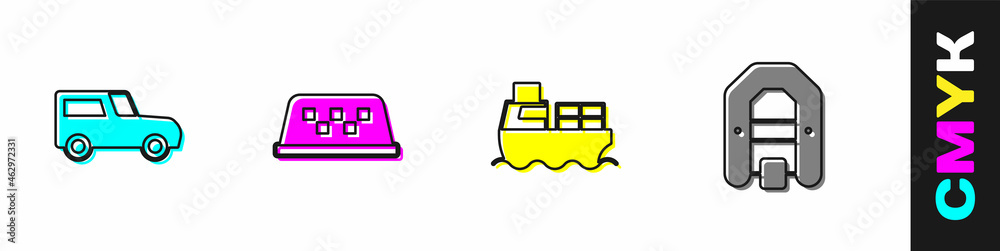 Set Car, Taxi car roof, Cargo ship with boxes delivery and Rafting boat icon. Vector