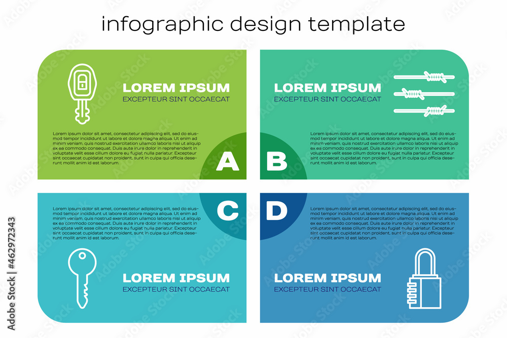 Set line Key，Car Key with remote，Safe combing lock and Barbed wire.Business infographic templ（设置行钥匙，