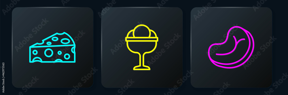 Set line Cheese, Steak meat and Ice cream in the bowl. Black square button. Vector