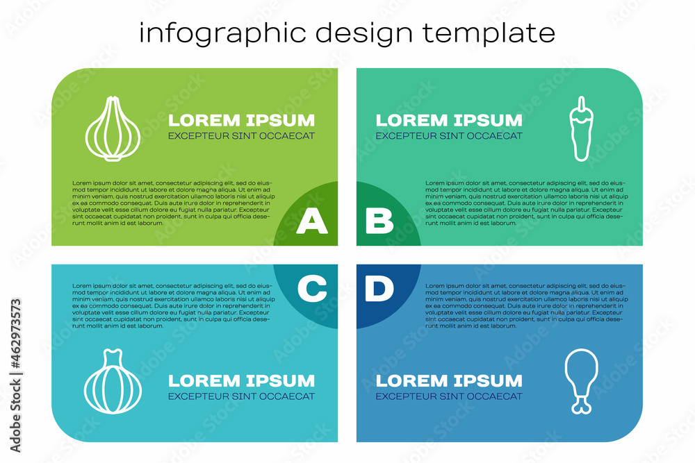 Set line Onion, Garlic, Chicken leg and Hot chili pepper. Business infographic template. Vector