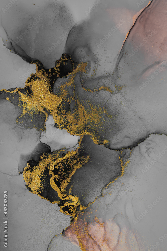 Dark gold abstract background of marble liquid ink art painting on paper . Image of original artwork