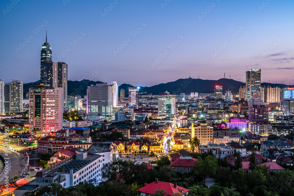 Aerial photography of Yantai urban architectural landscape at night