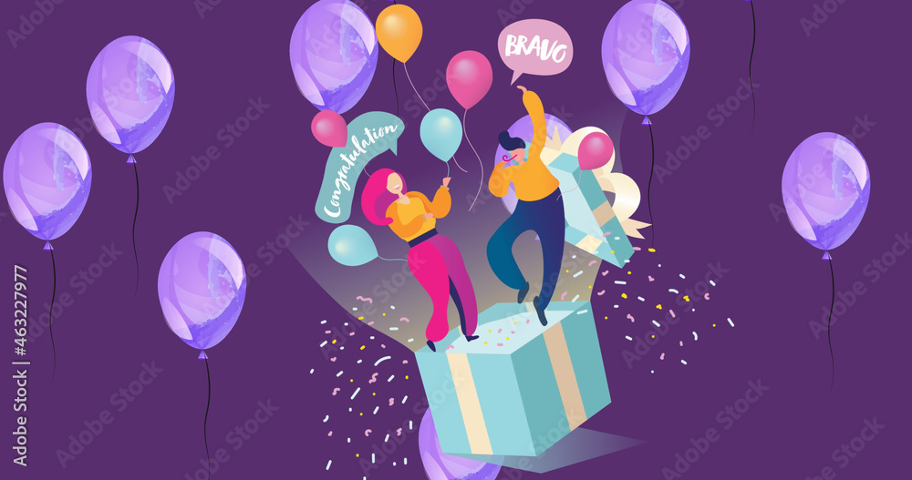 Image of floating balloons, people on present box and congratulations on purple background