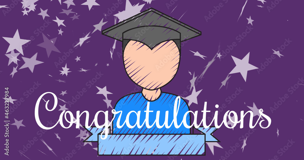 Image of floating star, congratulations and student on purple background