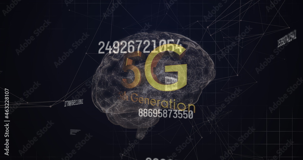 多个不断变化的数字和5g文本对抗黑背景下的人脑旋转