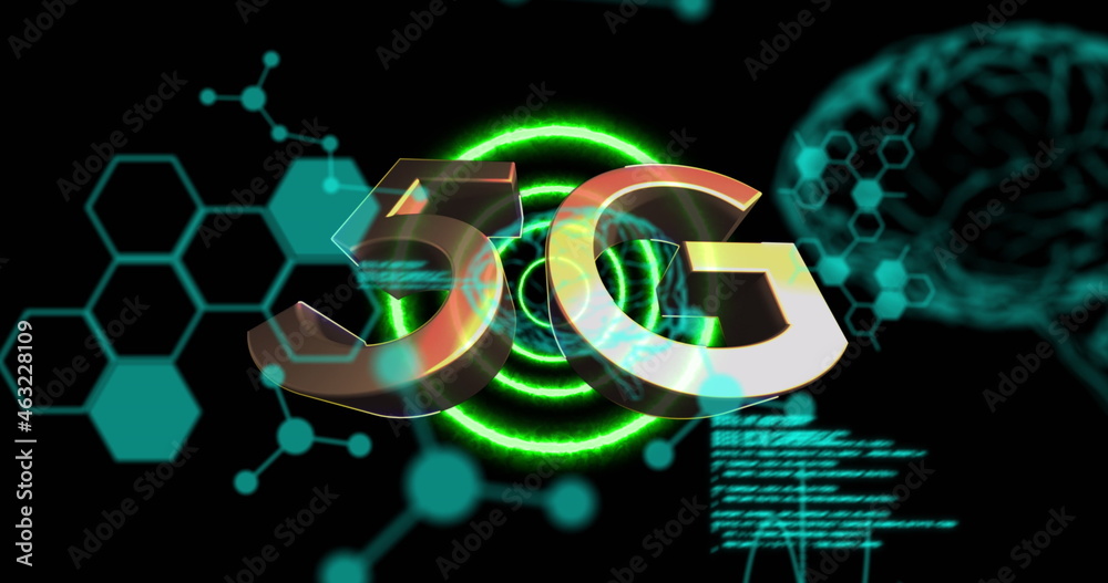 在发光的人脑和紫色圆圈上进行数据处理的5g文本图像