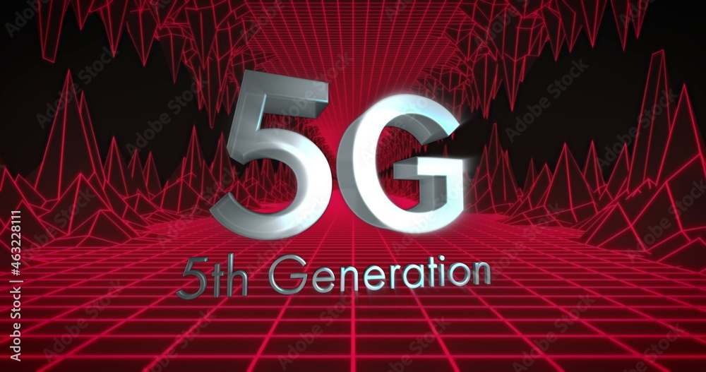 背景中的发光网格和网格上的5g第五代文本图像